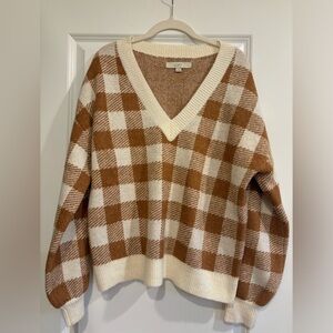 LOFT V-Neck Sweater in Brown and Cream Check